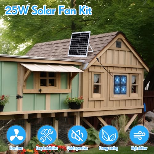 Solar Powered Fan 11.8" Greenhouse Exhaust Fan Solar 4 Fan Kit 25W Solar Panel Powered Exhaust Fan with Aluminum Bracket for Attic, Shed, Barn, Dog House, DIY Cooling Ventilation Project(2 Set)