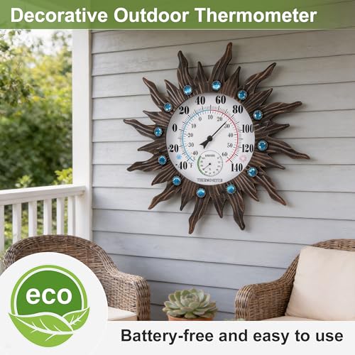18" Large Outdoor Thermometer with Humidity, Vintage Sun Wall Thermometer | 10" Dial Large Number Easy-Read, Auto Calibration, Waterproof for Patio Garden Yard & Indoor Decor, No Batteries Required