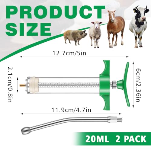 Threlaco 20ml 2 Pcs Drench Gun for Goats, Sheep & Cattle, Green | Reusable Small Goat Drench Syringe, Adjustable Veterinary Medicine Feeding Syringe, Continuous Dosing for Livestock, Horse - color: Green, size: 20ml