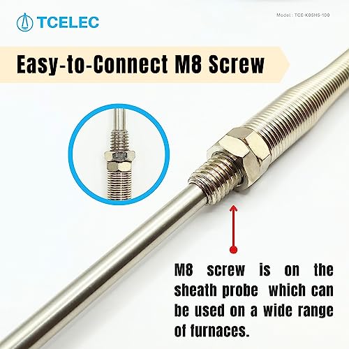 TCE-K05H5-100 K-Type Thermocouple Sensor Probe with Stainless Steel Probe M8 Screw and Miniature Thermocouple Connector for Furnace Oven K-Type Related Meter Temperature Range from 77℉ to 1472℉