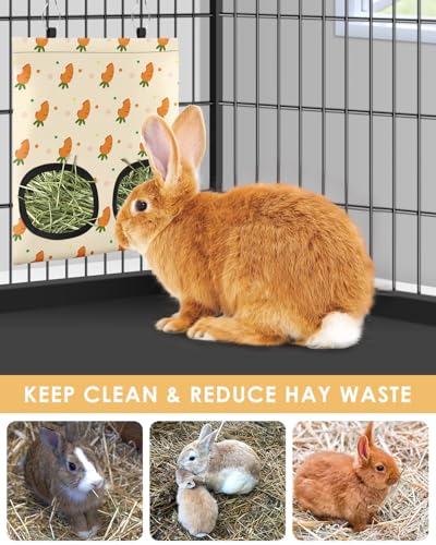 Bissap Rabbit Hay Feeder Bag, 2 Holes Hanging Hay Feeder Guinea Pig Hay Bag with Side Pocket for Rabbits Bunny Chinchillas Hamsters Rats and Other Small Pets Small Animal - Beige