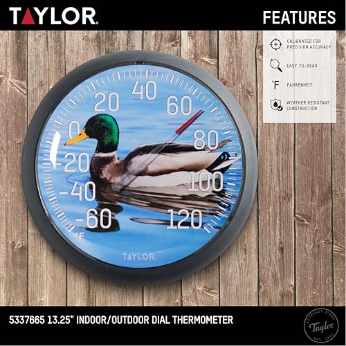 Taylor Duck Large Indoor Outdoor Dial Thermometer, Wireless Easy Read Big Numbers for Patio Pool Garden Garage Indoor Use, Weather Resistant 13.25 Inch Home Decor Outdoor Temperature Gauge, Blue - style: Duck