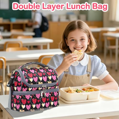 FlowFly Double Decker Cooler Insulated Lunch Bag Large Tote for Boys, Girls, Men, Women, With Adjustable Strap,Heart - color: Heart