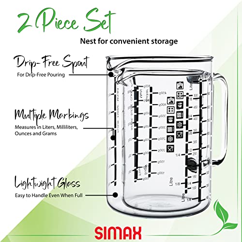 Simax Glass Measuring Cup, Durable Borosilicate Glass, Pack of 2 includes 32 oz and 16 oz Easy to Read Metric Measurements in Liter, Milliliter, Ounce, Sugar Grams, Drip Free Spout, Microwave Safe - size: 2-Pack: 32 Ounce and 16 Ounce