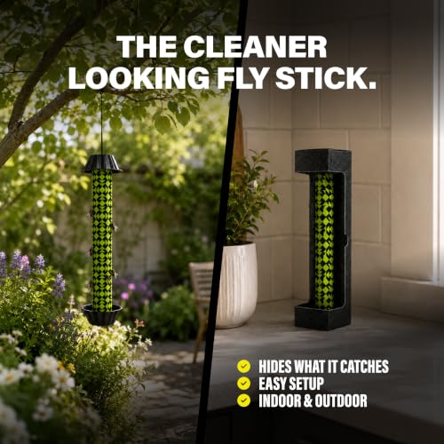 Catchmaster Fly Stick 4-Pack, Sticky Hanging Fly Traps Indoor & Outdoor | High-contrast pattern hides caught flies; Unscented; Captures flies, gnats & insects; Heavy duty glue; Hang or stand