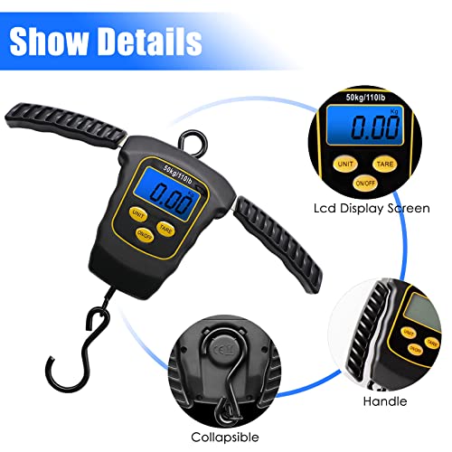 Fish Scale 110lbs/50kg Waterproof Hanging Fishing Portable Weight Scale | Strong Hook Scale, Back-lit LCD Display, Digital Spring Balance, Folding Handles, Luggage Weighing, Fishing Gift for Men