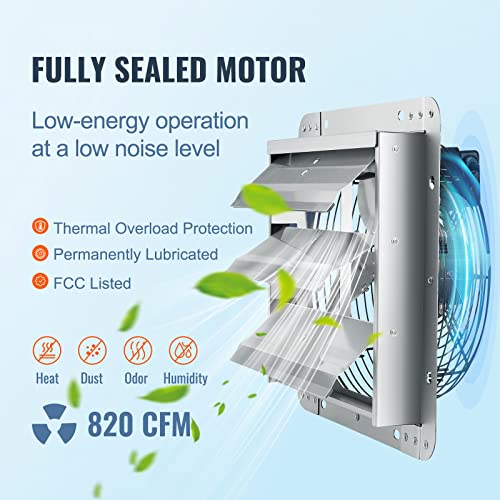 VEVOR 10'' Shutter Exhaust Fan, High-speed 820 CFM, Aluminum Wall Mount Attic Fan with AC-motor, Ventilation and Cooling for Greenhouses, Garages, Sheds, Shops, FCC - size: 10 Inch