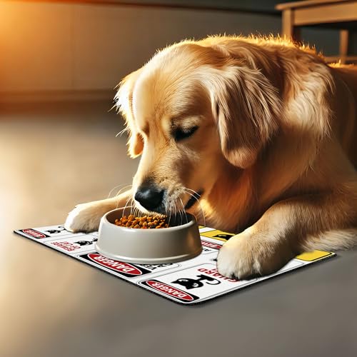 Lunarable Funny Pet Mat for Food and Water, Beware Guard Cat Signs Humorous Comic and Plates Warning Graphic, Non-Slip Rubber Mat for Dogs and Cats, 18" X 12", Yellow Red - color: Yellow Red