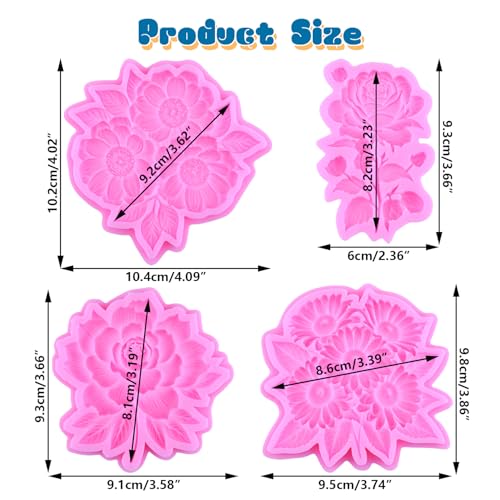 Mujiang Flower Silicone Mold Peony Rose Daisy Flower Fondant Mold Set of 4 | Flower Chocolate Candy Mold Wedding Birthday Cupcake Topper Cake Decorating Polymer Clay Resin Gum Paste - color: Style L