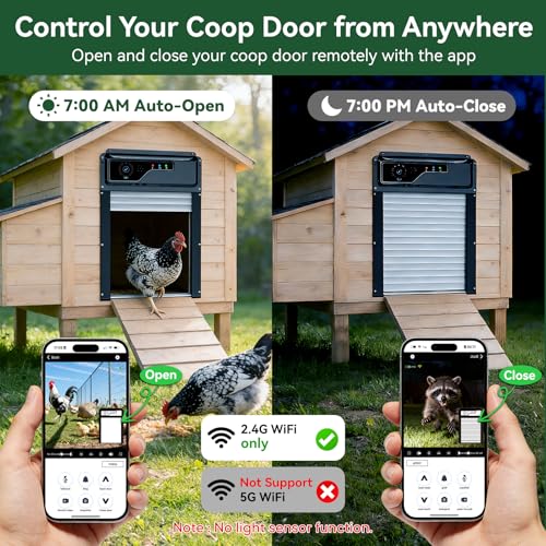 Automatic Chicken Coop Door with Camera, WiFi App Control, Solar Powered Smart Chicken Door with HD Night Vision, 5000 mAh Battery, Anti-Pinch Safety, Smart Alerts, Space-Saving Roll-Up Design
