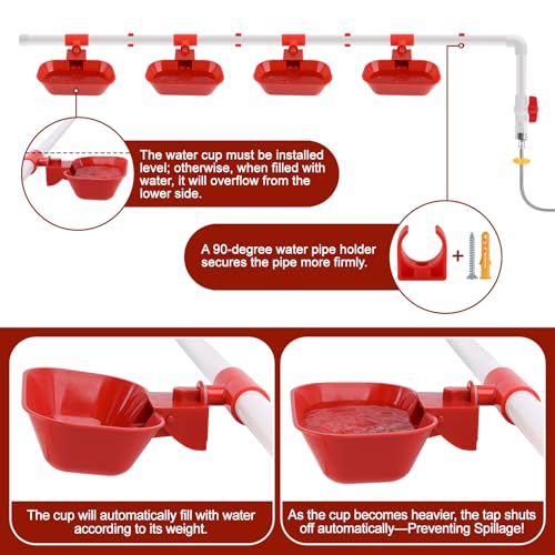 Kalolary Complete Set Automatic Chicken Waterer System | Large Poultry Chicken Water Cups with Stainless Steel PVC Pipeline,Float Valve and Tank Connector Kit,66 Accessories Included
