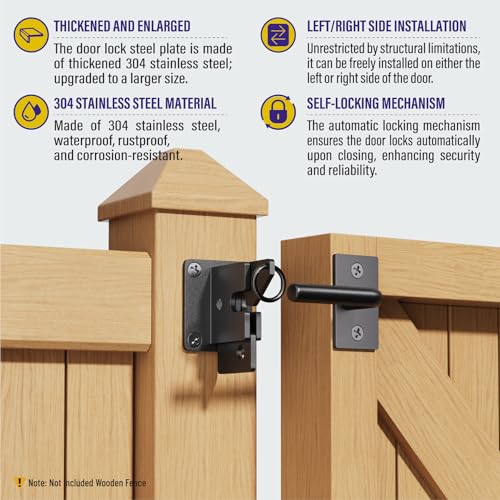 Hulave 304 Stainless Steel Fence Gate Latch, Self-Locking Gravity Gate Latch, Heavy Duty Privacy Gate Latch for Wooden Fence, Metal Gate & Vinyl Fence Gate Hardware (Black) - color: Black