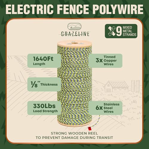 Electric Fence Polywire 9-Strands 1/8” 1640ft - Hot Wire 0.3 Ohm Resistance | 330lb Strength Tinned Copper & Stainless Steel - Suitable for Horses Livestock Rotational Grazing & Pasture Electric Fencing - size: 1640 ft