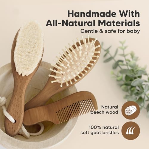Wooden Baby Hair Brush Set for Newborns, Toddler Comb (Dark Walnut, Regular) | Soft Goat Bristle, Baby Brush and Comb Set, Infant Grooming Kit, Cradle Cap Care, Durable & Gentle, Boy, Girl Bath Essential - color: Dark Walnut, size: Oval, Regular 7"