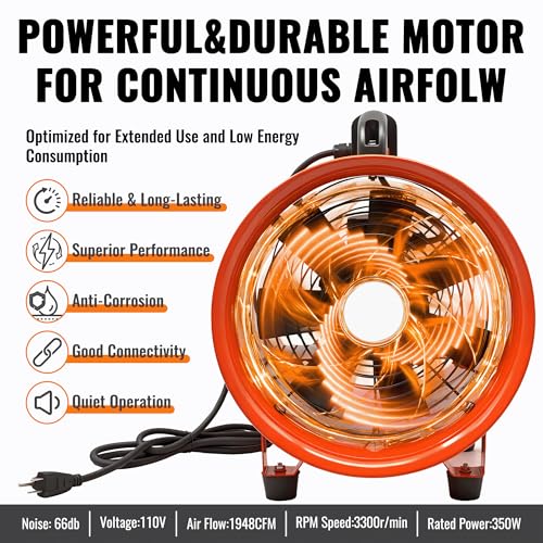 dreamdragon Upgraded 10-Inch Utility Blower Fan, Portable Industrial Exhaust Fan with 33ft Flexible Duct Hose, 3300 RPM Ventilator for Workshops Warehouses and Basements - size: 10Inch Blower Fan with 33ft Duct Hose