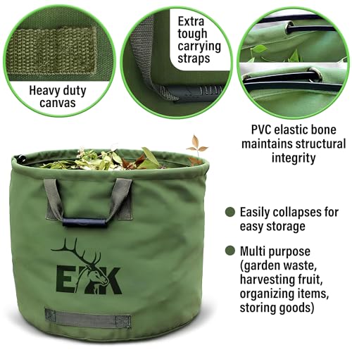 ELK 33-Gallon Non Self-Standing Multipurpose Garden Leaf Waste Bag - Durable Canvas for Yard Cleaning, Harvesting, and Storage - Heavy Duty with Rubber Handles and PVC Elastic Bone - 22" W x 18" H