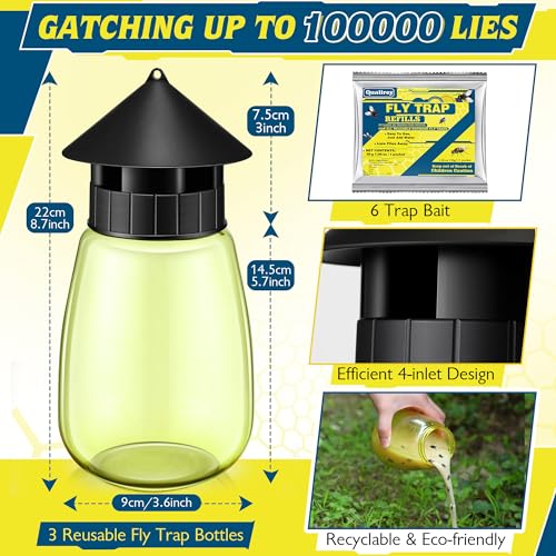 Qualirey Reusable Outdoor Hanging Fly Trap Bottles with Bait Refill, Non Toxic Flies Trap Jar, Fly Catcher Killer Flying Control for Outside Farms, Stables, Barns, Garden, Patio (3 Pack,Design)