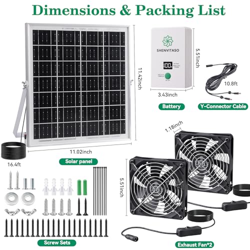 Solar Powered Exhaust Fan with Battery, 25W Solar Panel Dual 5.5 Inch Fans, 450 CFM IPX7 Waterproof Solar Ventilation Fan Kit for Chicken Coop, Greenhouse, Shed, Garage, Dog House