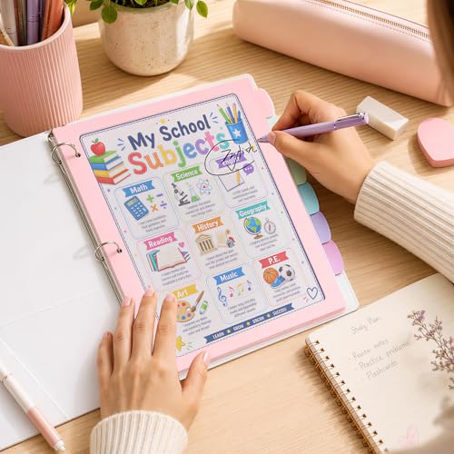 Pastel Binder Dividers, 2 Sets of 8 Tabs, Cute Pink, 3 Ring Binder | 2 sets of 8-tab pastel plastic binder dividers with large write-and-erase tabs, frosted centers, and 3-ring compatibility.