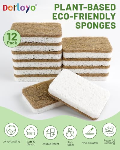 12 Count Plant-Based Kitchen Sponges, Natural Sponge for Non Stick Cookware | Compostable Cellulose, Biodegradable Sponges for Dishes, Non-Scratch Cleaning, Kitchen, Bathroom, Household