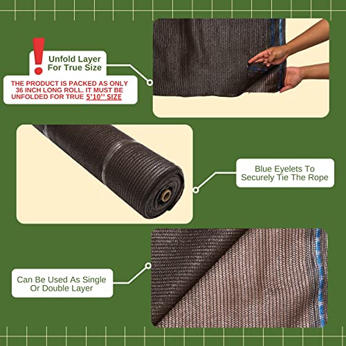 5'10" x 100 FT 60% Shade Cloth Roll Brown | Green HDPE UV Resistant Breathable Eyelets Sun Protection for Greenhouse Garden Fence Pergola Patio Flower Plant Kennel - size: 5'10"x100ft - 60% - Brown