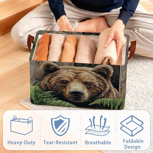 Vintage Bear Wooden Storage Baskets,Ferns Plants Foldable Large Capacity Organizer Bins with Waterproof Lining and Leather Handles for Closet, Shelf, Bedroom 17x11.5x10Inch - color: Vintage Bear Wooden Ferns Plants