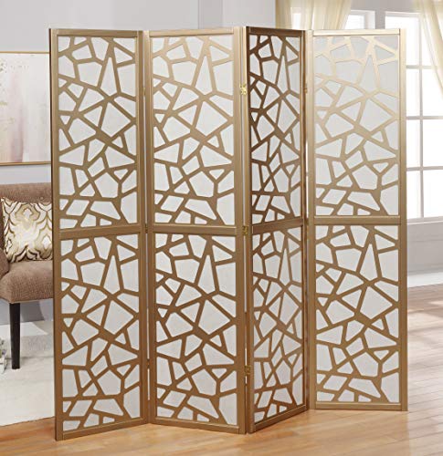 Roundhill Furniture Giyano 4 Panel Screen Room Divider, White Screen with Gold Frame - color: White Screen/Gold Frame