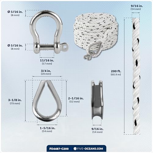 Five Oceans Anchor Line 9/16" x 200', Anchor Rope Line, Marine Premium 3-Strand White Nylon Boat Anchor Rope - Stainless Steel Thimble and Shackle, Ideal for Mooring Anchoring Towing - FO4487-C200 - style: 9/16 inch x 200 ft