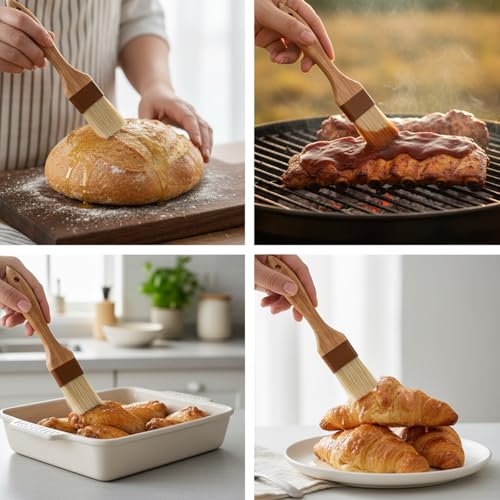Molain 2 Pack Natural Boar Bristle Pastry Basting Brush, 1.5 Inch | Non-Shedding, Heat Resistant, Cooking Brush for Butter Egg Wash Oil Sauce Baking, with Wooden Handle