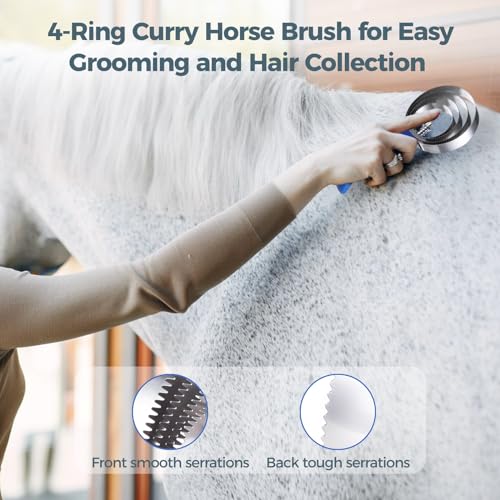 8 pack Reversible Stainless Steel Curry Comb, 4-Ring Metal Curry Brushes with Soft Touch Grip, Horse Brush Scrapers with Comfortable Grip for Cow Sheep Pet Dog Goat Horse