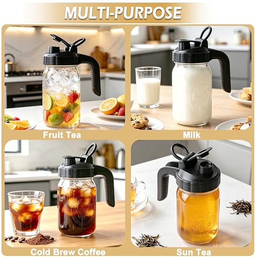 Glass Pitcher With Pour Spout Lid 32 Oz Mason Jar Breast Milk Storage For Fridge 1 Quart Airtight Leak-Proof Heavy Duty Water Jug With Flip Cap For Cold Brew Coffee Iced Tea Sun Tea Juices Beverages - size: 32 Ounces