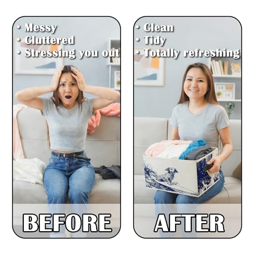 Navy Blue Coastal Dog Storage Bins Box with Handles, Dog Lovers Gifts for Women Men, Nautical Surfing Dogs Collapsible Basket Organizer for Bedroom Bathroom Books Clothes - color: Color07