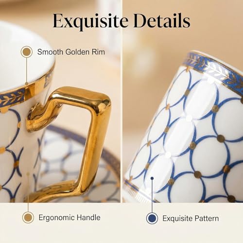 CwlwGO-European style cup and saucer set, 7 oz (about 198.4 grams) bone china exquisite glazed platinum tea cup and saucer (two sets), golden spoon, mug, cappuccino, latte, MOCHA, elegant female suit. - color: 2 pack