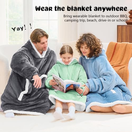JOYWOO Green Kids Wearable Blanket Hoodie,Oversized Cat lovers Hoodie Blanket for kids & Teens,Birthday Gifts for Girl Boys,Warm Cozy Fuzzy Sherpa Fleece Blanket Giant Pocket Winter Gifts,Sage green - color: Light Green, size: Kids