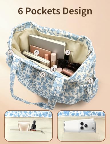 Corduroy Tote Bag for Women, Cute Floral Tote Bag with Zipper, Large Shoulder Handbag with Multi-Pockets for Work Travel Gym - color: Blue Floral
