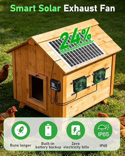 Solar Powered Fan for Chicken Coop, 25W Solar Panel, 2 * 4.7" Fans, 3 Smart Mode, Solar Exhaust Fan for Chicken Coop, Shed, Pet House