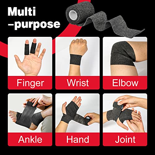 AZEN 16 Pack Self Adhesive Bandage Wrap Black, 2" X 5 Yards Black Athletic Tape, Vet Wrap, Tattoo Grip Tape Wrap，Ankle Tape, Cohesive Bandage Wrap - color: Black, size: 2IN - 16Pack