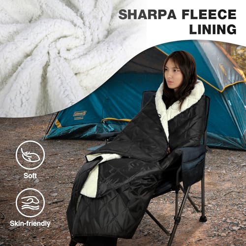 REDCAMP Large Outdoor Blanket 79"x59" Sherpa Fleece Lining, White | Cold Weather Warm Thick Outdoor Blanket Comfy Foldable & Windproof for Camping Stadium,Car,Picnics,Pet,Trip,Machine Washable - color: White&black/59"x79"