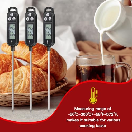 6 Pcs Instant Read Meat Thermometer Long Probe,Black | Probe Waterproof Digital Thermometer, For Cooking BBQ Water Milk Liquids, Quick Accurate Food Temperature - color: Black