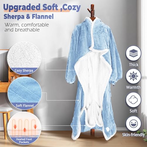 Wearable Heated Blanket with Foot Pocket, Electric Wearable Throw Blanket with Sleeves, Hood, Portable Heated Blanket with 8 Heat Settings, 1-10 Hours Auto Shut-off, Gift for Family, Friends, 50*70" - color: Light Blue
