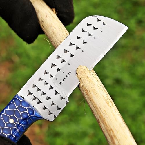 Custom Handmade 7'' fixed blade hoof rasp knife/Cow boy knife/Bull cutter Cowboy knives with pancake leather sheath (BLUE CONE) - color: BLUE CONE