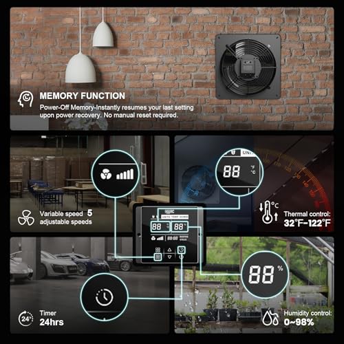 10 Inch Shutter Exhaust Fan with Temperature Humidity Controller | Automatic Shutter, 576 CFM Wall Mounted Attic Fan, Ventilation and Cooling for Greenhouse, Garage, Studios, Workshops