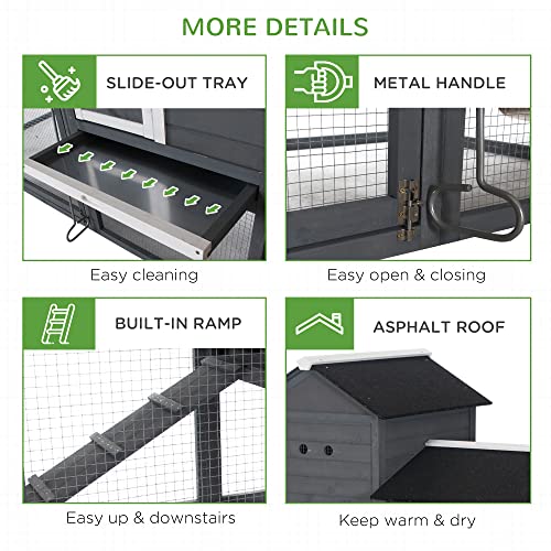 PawHut 84" Wooden Chicken Coop with Run Nesting Box for 2-3 Chickens Gray | Hen House Outdoor, Asphalt Roof, Removable Tray, Ramp, Poultry Cage - color: Gray