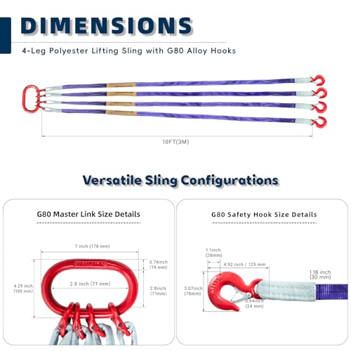 10 ft 4-Leg Web Bridle Lifting Sling, 8800 lb WLL | Safety-latch hooks, top master link, sewn load tag, taller hoist setups - size: 10 ft