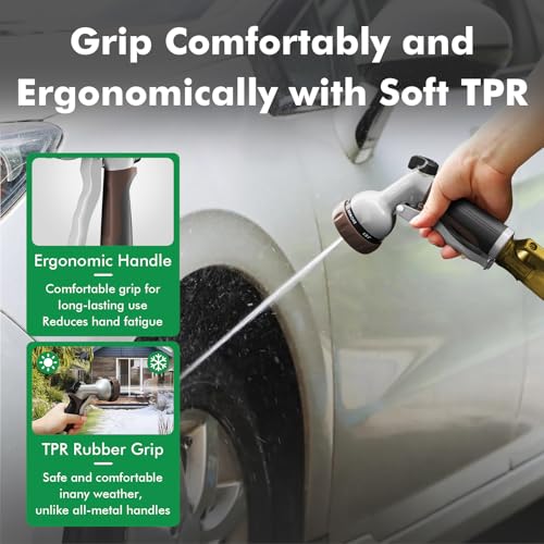 RESTMO Garden Hose Nozzle, Heavy Duty Metal Water Hose Nozzle with 7 Adjustable Spray Patterns, High Pressure Hand Sprayer with Flow Control, Best for Watering Plant & Lawn, Washing Car & Pet, Brown - color: Brown