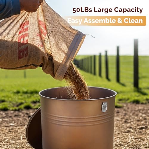 Solution4Patio 50LB No-Waste Chicken Feeder, Large Capacity Gravity Dispenser with Spill Control & 16 Feeding Ports Poultry Feeder for Outdoors & Hen Coop (Brown) - color: Brown