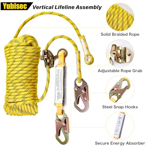 Rope Harness Safety Lanyard 25FT, Vertical Lifeline Assembly | Grab Snap Hooks Shock Absorber, Fall Protection Tree Climbing Lifeline Kit, Heavy Duty Roof Safety - size: 25FT