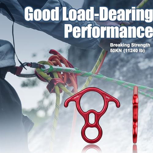 50KN Rescue Figure, 8 Descender Large Bent-Ear Belaying and Rappelling Gear Belay Device Climbing for Rock Climbing Peak Rescue 7075 Aluminum Alloy - color: Red
