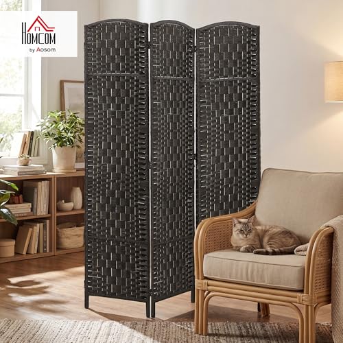 HOMCOM Room Divider 3-Panel, 6FT-Tall Folding Privacy Screen, Coffee | Freestanding Partition, Hand-Woven Design, for Room Separation, 360° Hinges, Paper Rope Diamond Weave - color: Coffee, size: 3 Panel