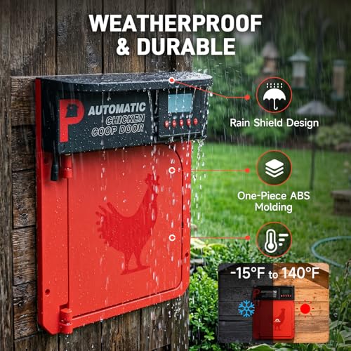 Automatic Chicken Coop Door with Solar Panel | Upgrade Door Opening, Anti-Pinch, Remote Control, Timer & Light Sensor, Weather Proof, 4 Modes, Easy Install - color: Red